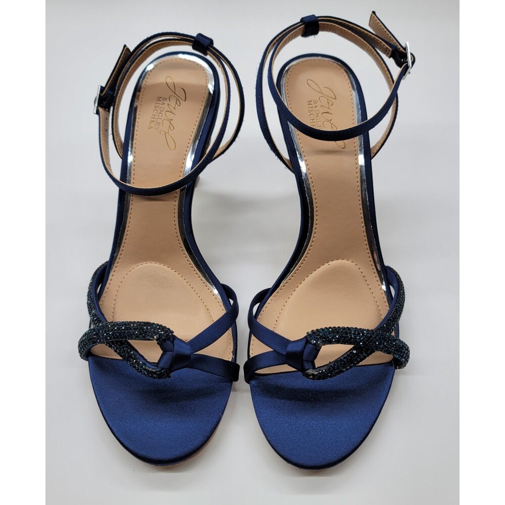 Jewel Badgley Mischka Fiji Navy Satin Rhinestone Ankle Strap Sandals Size 7.5